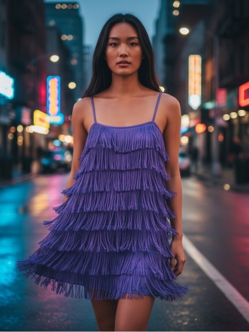 H&M Purple Fringe Tiered Mini Dress